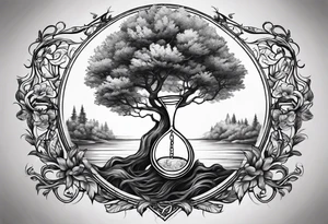 tattoo drawing of a tree on top of a hour glass tattoo idea