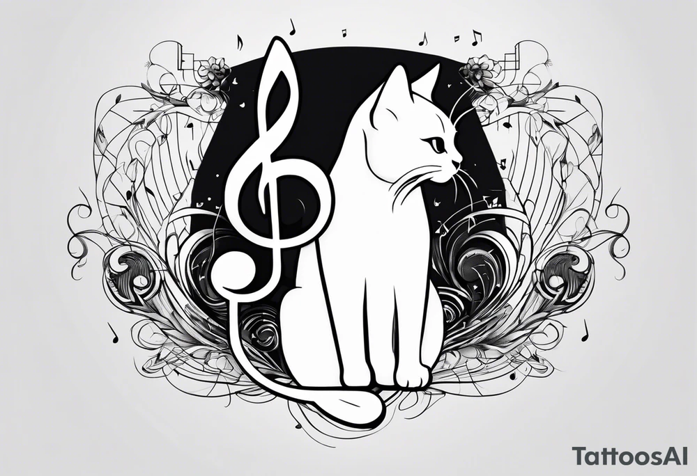 Outline of cat reaching to a music note, small tattoo idea