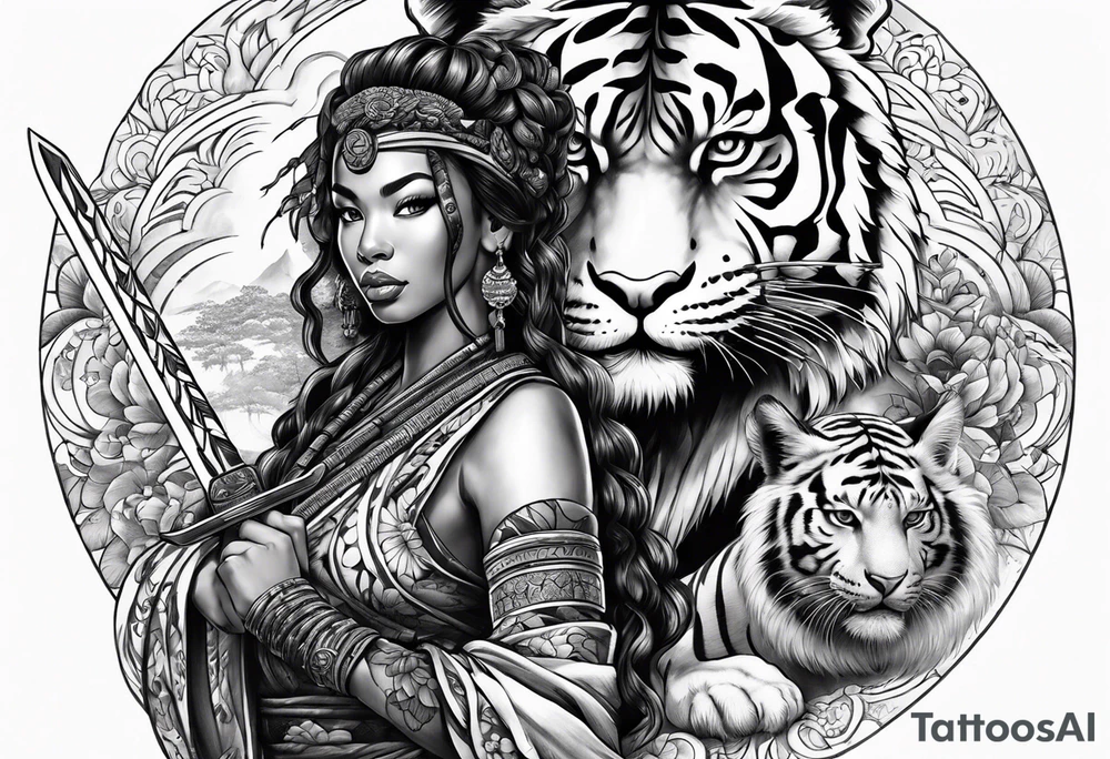 Jamaican goddess with sword in hand and tiger Japanese traditional style tattoo idea