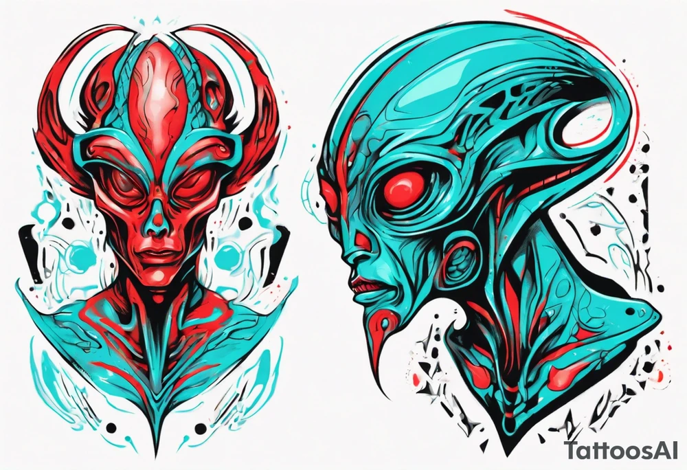 an art in the style of abstract alien, textured pigment planes, red and cyan, stencil art tattoo idea
