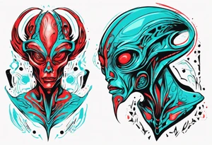 an art in the style of abstract alien, textured pigment planes, red and cyan, stencil art tattoo idea