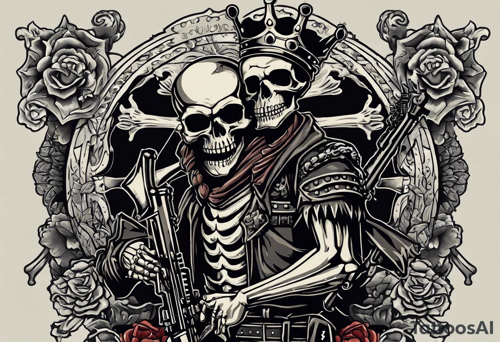 image of a skeleton standing frontally with a crown on his head, holding an AK-47 on his shoulder with his right hand. The chain on the left should be taut, there are three angry barking Dobermans in it, near the waist tattoo idea