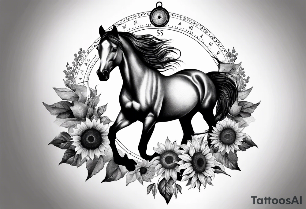 Horse, compass, sunflower tattoo idea
