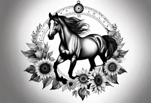 Horse, compass, sunflower tattoo idea