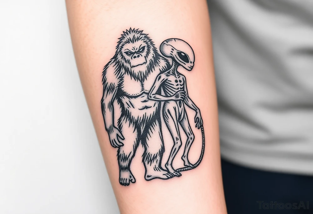 Bigfoot and a alien with arms around each other tattoo idea