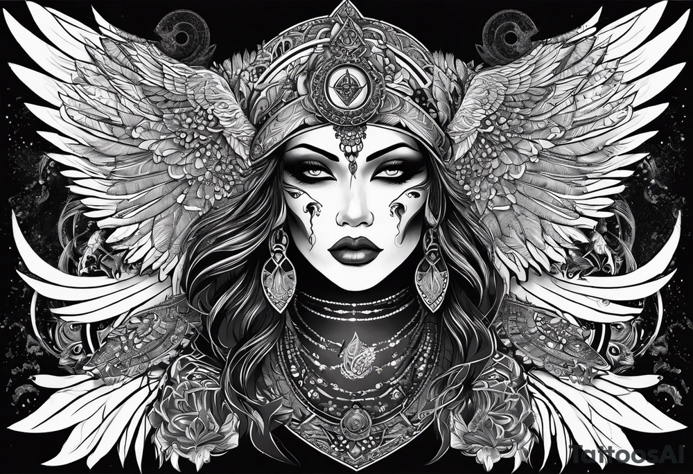 black kali, goddess pirate, alien, pachamama, valkrye, warrior, skull, lotus azul, wing, eagle, zenza resonance, stars, 5D tattoo idea