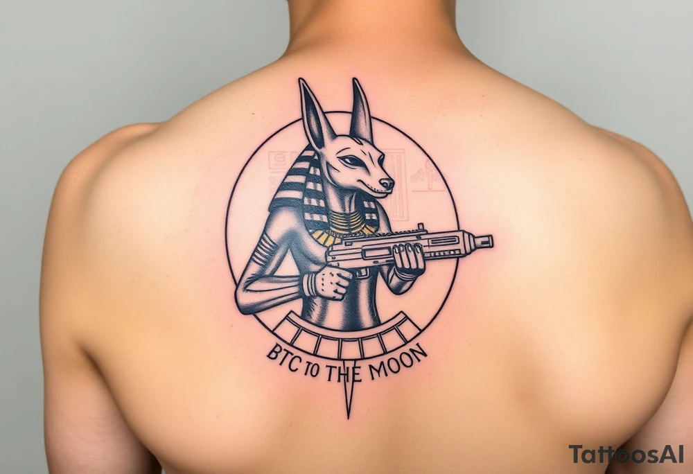 "Anubis in a ufo, holding a tommy gun. His jackal head is half-cyborg (exposed circuits). Hieroglyph background spells 'BTC TO THE MOON'.  

Style: Art Deco meets cyber-Egyptian. Black/red/gold ink. Forearm sleeve." tattoo idea