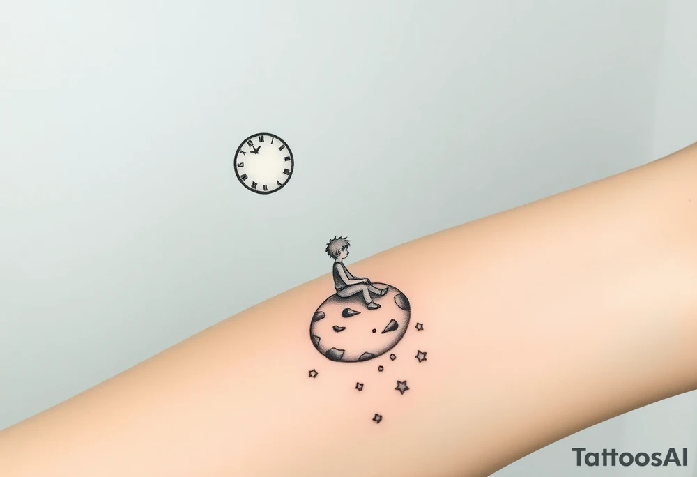 A reinterpretation of The Little Prince sitting alone on his tiny planet (B-612), under a sparse starry sky with broken constellations. A cracked, melting clock floats behind him, representing time and anxiety. Instead of his rose, there’s a half-bloomed flower with soft thorns—symbolizing fragile love. A warm light glows from his chest, shaped like a star or heart, representing deep inner strength and love. Around him, small scattered puzzle pieces or geometric fragments hint at attention to detail and a complex inner world. Style: fine line with soft shading, subtle surrealist elements. tattoo idea