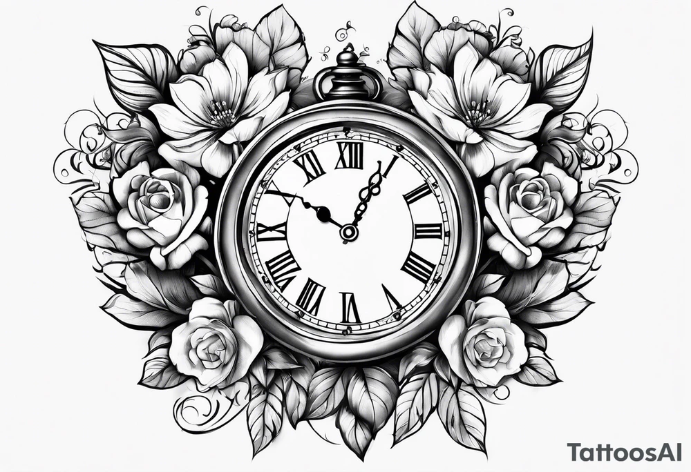 flowers hearts time clock tattoo idea
