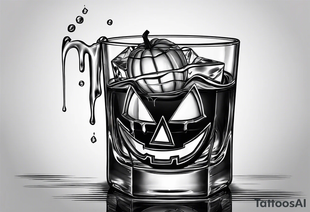 glass of whiskey but the ice cube is a small jack-o-lantern tattoo idea