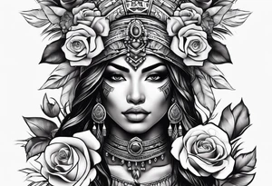 Aztec woman wrapped in roses with a wolf tattoo idea