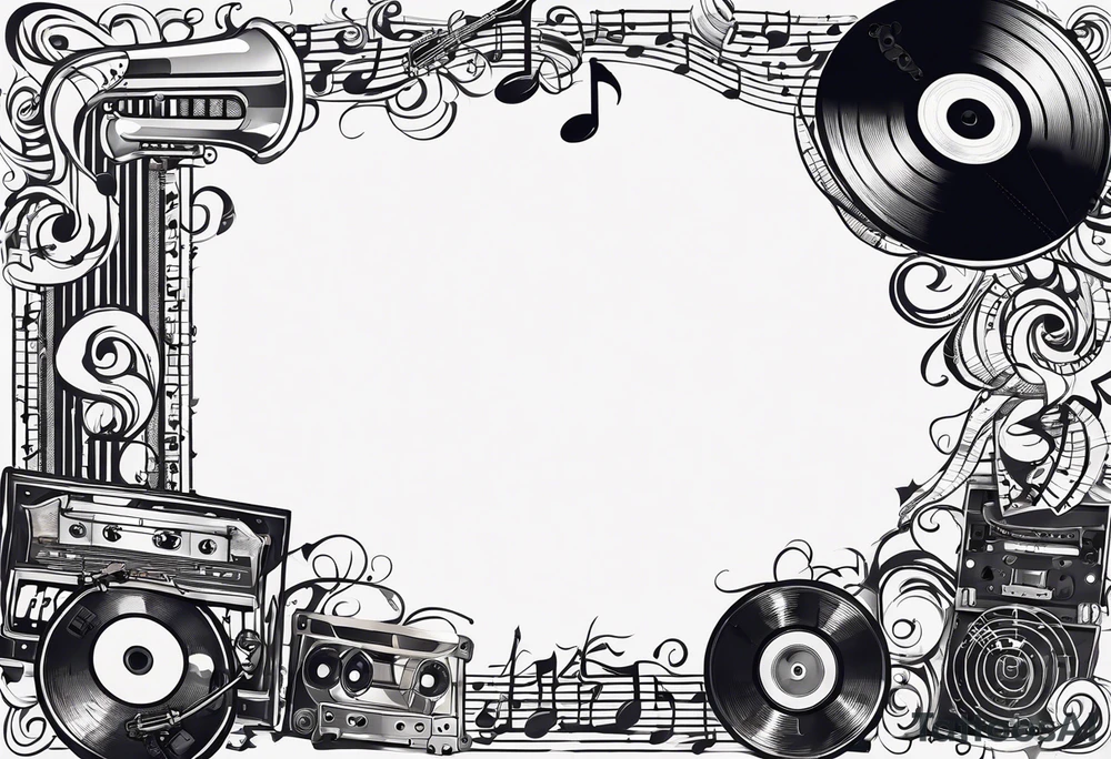 music notes surrounded by a record, a cassette tape, and saxophone parts tattoo idea