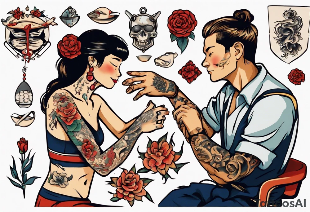 woman giving man a tattoo tattoo idea