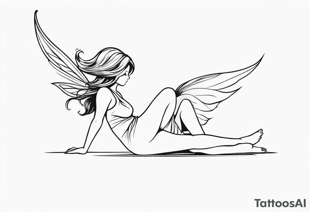 Minimalistic, monochromatic fairy with a tail flying to the left in a fetal position, leaning and looking in the same direction, with visible hands, embodying the 'Fairy Tail' logo aesthetic. tattoo idea