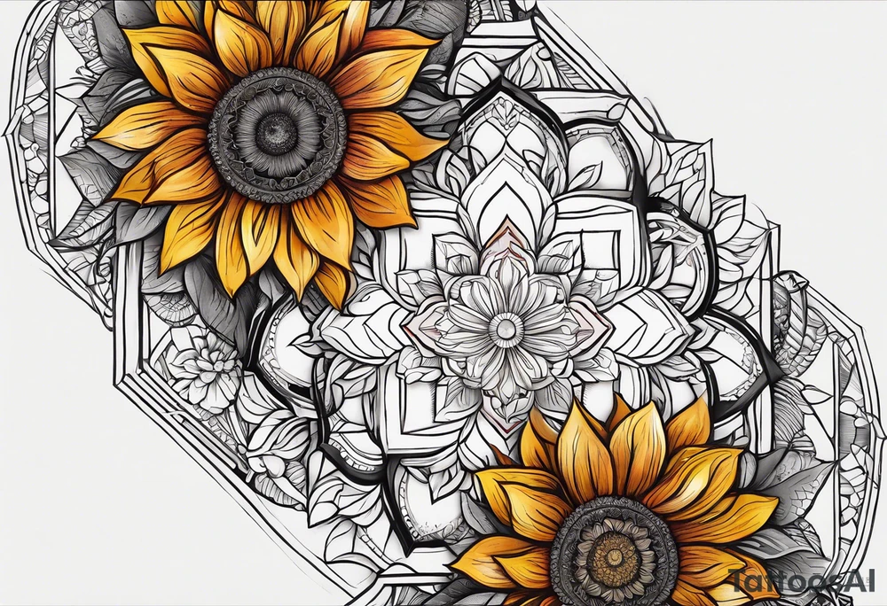 geometric sunflower mandala Knee tattoo in fall colors tattoo idea