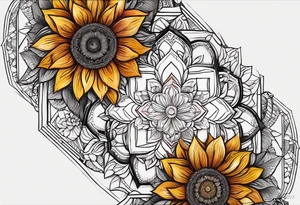 geometric sunflower mandala Knee tattoo in fall colors tattoo idea
