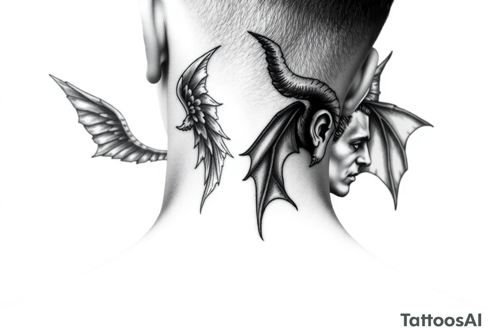 position behind the neck Angel (on the right) whispering in the right ear, demon (on the left) whispering in the left ear. It must be as realistic as possible. tattoo idea