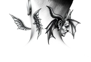 position behind the neck Angel (on the right) whispering in the right ear, demon (on the left) whispering in the left ear. It must be as realistic as possible. tattoo idea