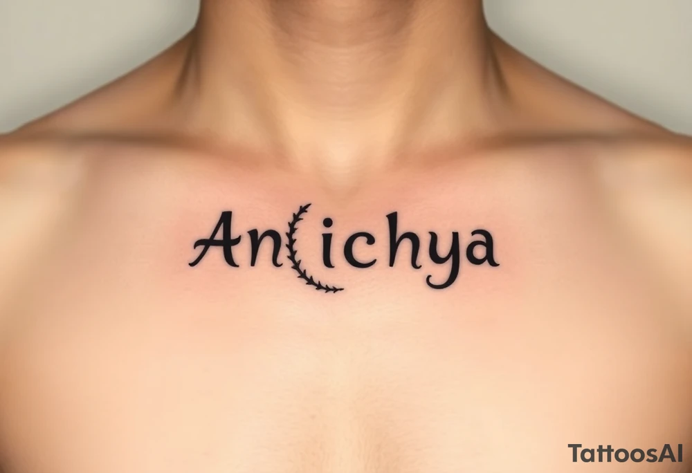 Create a tattoo that writes the Hindi word "Anichya" with A circle or spiral, which represents the cyclical nature of life and death tattoo idea