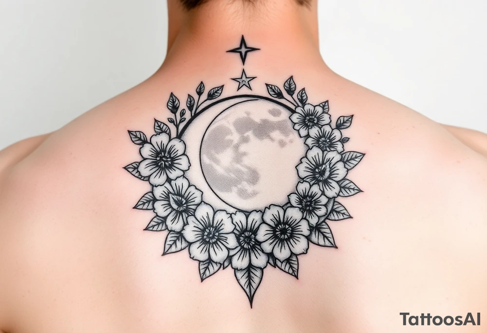 Flowers surrounded by moon and star design tattoo idea