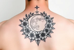 Flowers surrounded by moon and star design tattoo idea
