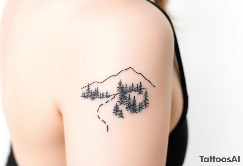 A minimalist fine line tattoo inspired by the song 'Exile,' depicting a quiet mountain scene with a narrow trail cutting through a dense forest. The design is simple yet evocative, with crisp black lines to emphasize the solitude and introspective theme of the song. This tattoo would sit gracefully on the upper back of the shoulder. tattoo idea