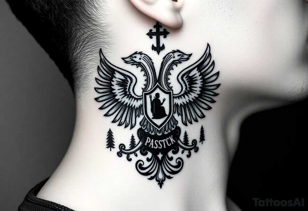 Traditional authentic Russian coat of arms with double headed eagle & a Christian orthodox virgin marry in the middle and silhouette in a Russian wilderness Christian orthodoxy dome church village setting on the side of my neck tattoo idea