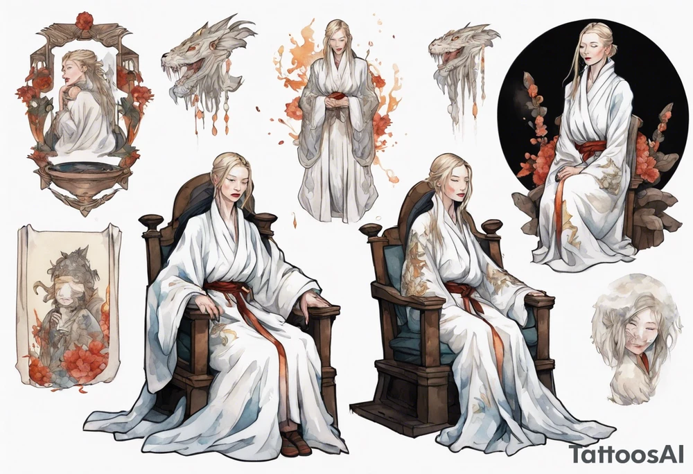 medieval Cate Blanchett dressed in white robes, sitting on a throne, weeping tattoo idea