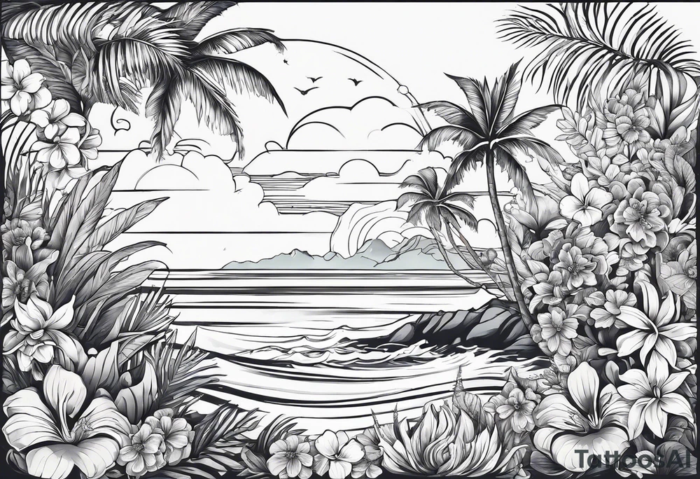 sea,, night, flower, palm, tattoo idea