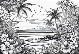 sea,, night, flower, palm, tattoo idea