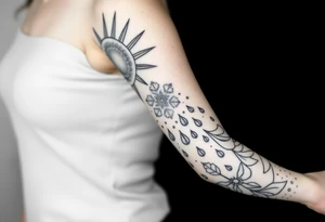 A large sun melting a snow flake and the snow flakes turning into rain drops as it rains down tattoo idea