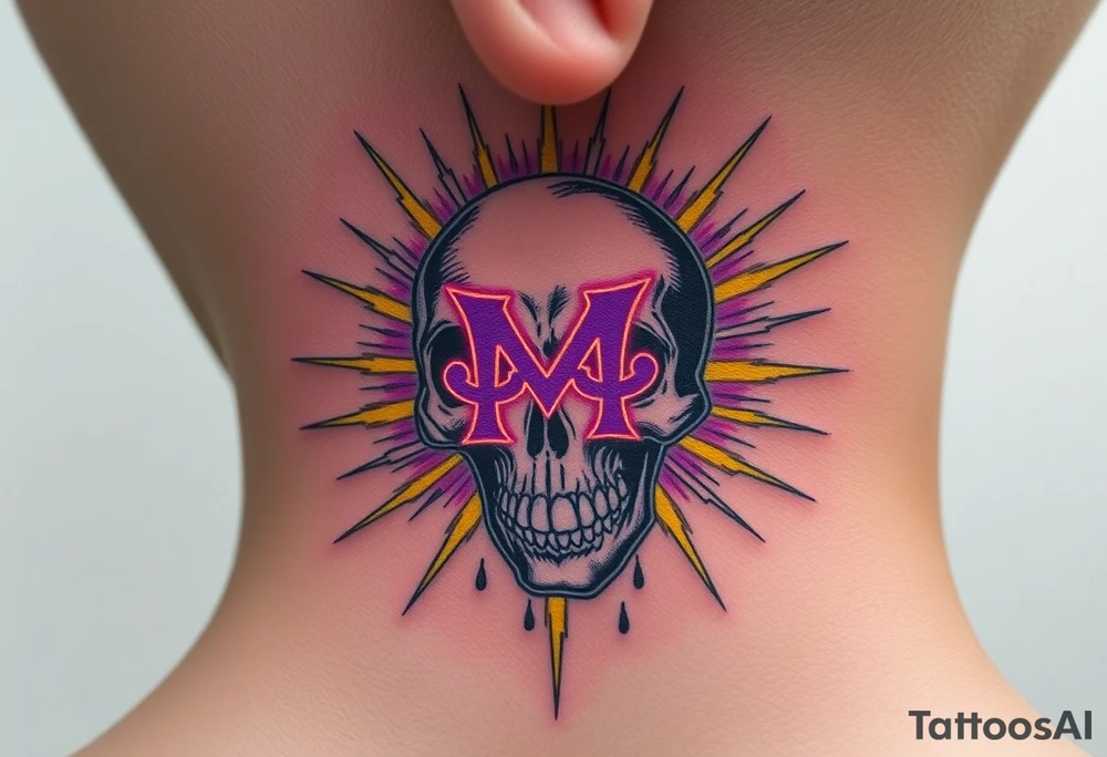 A distorted, disintegrating skull with a distorted "M" on it, surrounded by electric sparks in a mix of neon purple and yellow to create an eerie glow tattoo idea