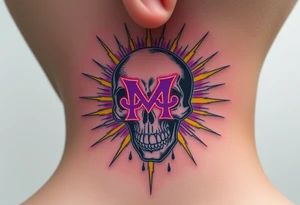 A distorted, disintegrating skull with a distorted "M" on it, surrounded by electric sparks in a mix of neon purple and yellow to create an eerie glow tattoo idea