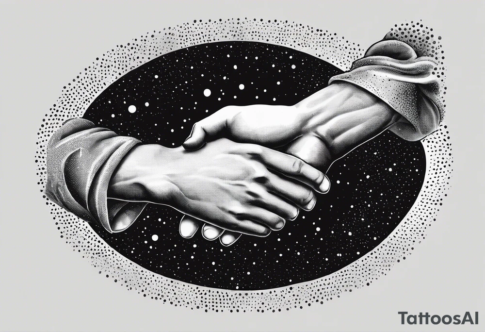 The Creation of Adam after Michelangelo`s fresco, vector hands, illustration that create a galaxy in Dotwork style tattoo idea