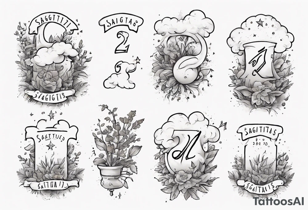 a forearm tattoo with a cloud with little plants around the word sagittarius and underneath it the date 12.08.05 tattoo idea