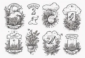 a forearm tattoo with a cloud with little plants around the word sagittarius and underneath it the date 12.08.05 tattoo idea