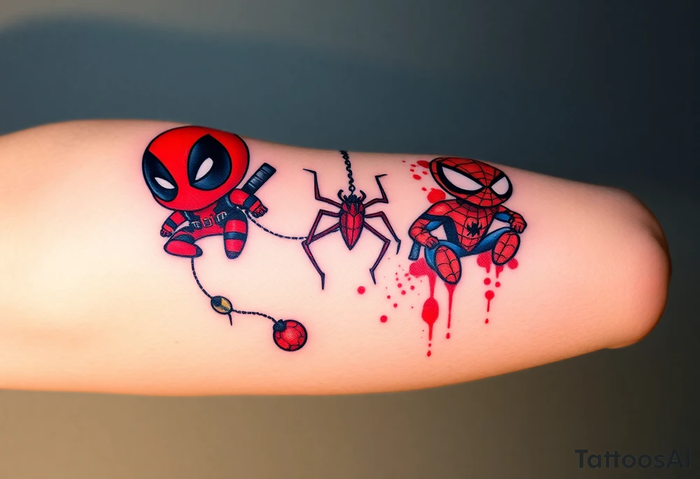 Project: Upper Arm Half-Sleeve Tattoo (Chibi Marvel Duo)
Placement: Upper Arm (Shoulder cap down to just above the elbow)
Reference Images: Chibi Deadpool (Image 1) and Chibi Spider-Man (Image 2)
Design Request & Layout:
* Please stack the characters dynamically to fit my upper arm. I'd like Deadpool positioned near the top/shoulder cap, and Spider-Man sitting near the bottom/above the elbow.
* Use the dangling spider and its web thread, along with loose, energetic construction lines, to transition between the two characters and wrap the design around the arm.
Art & Color Style:
* Linework: Please harmonize both characters into a singular, unified style—blending Deadpool's clean comic ink lines with Spider-Man's raw, cross-hatched sketchbook aesthetic.
* Color: The base of the tattoo should be gritty black-and-grey sketch shading. However, I want vibrant pops of red on their suits.
* The Splatter Effect: Instead of keeping the red cleanly inside the lines, please style the red color as a loose, dynamic watercolor/ink splatter effect that bursts out past their outlines and fades into the negative skin space. tattoo idea