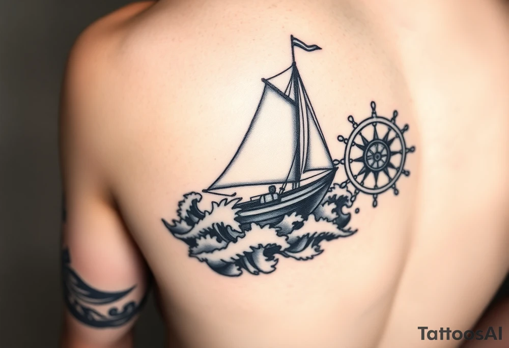 an old sail boat surrounded by big waves and then on the wrist it will be the steering wheel of the boat but the inside will be a compass. This tattoo will start at elbow and finish on the wrist tattoo idea