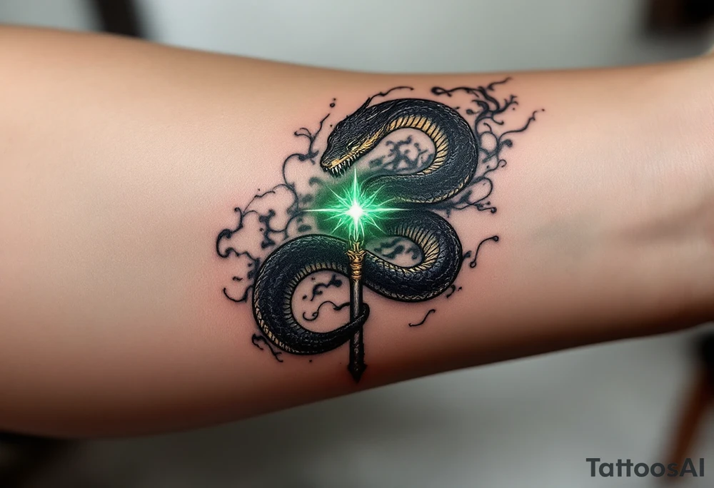 A serpent entwined around a wand, with the snake’s fangs piercing the wand's handle. The wand is glowing faintly with a dark green energy, surrounded by swirling black smoke. Dark green for the magical energy, black for the smoke, and muted gold and silver for the wand details. tattoo idea