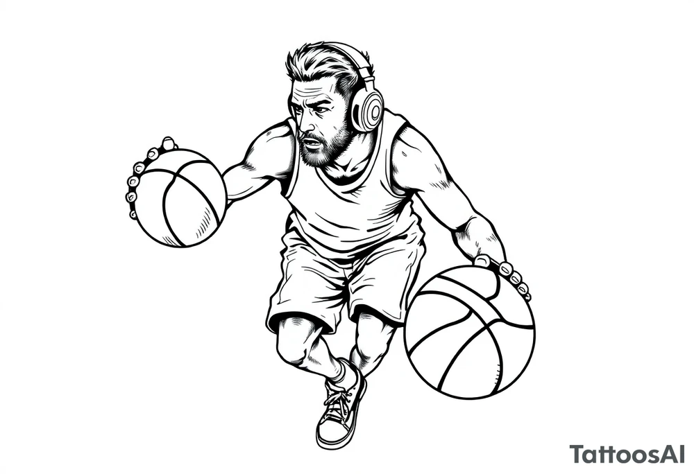 A guy dribbling a basketball with headphones on tattoo idea