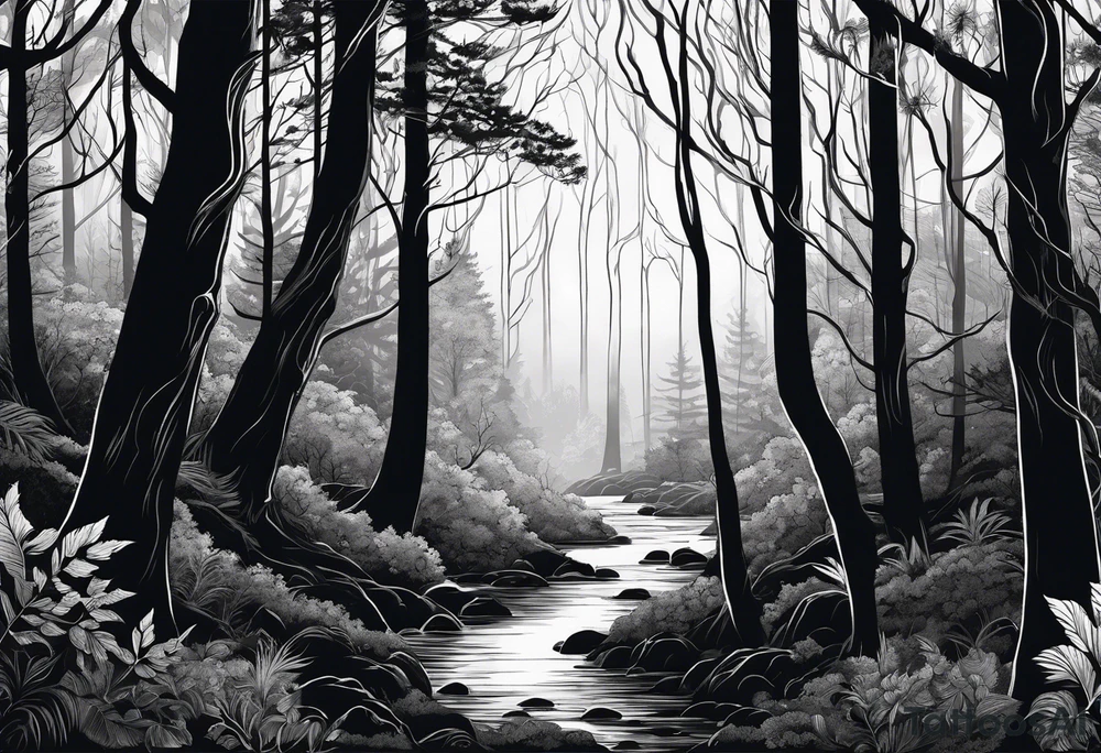 long black silhouettes with white eyes in a big dark forest tattoo idea