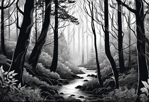 long black silhouettes with white eyes in a big dark forest tattoo idea