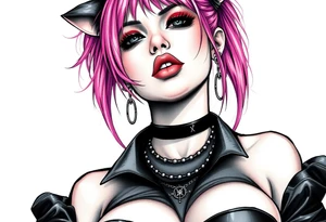 hot goth girl with puppy ears and with piercings on face and big boobs and big butt full body 
 with black outfit on with pink hair tattoo idea