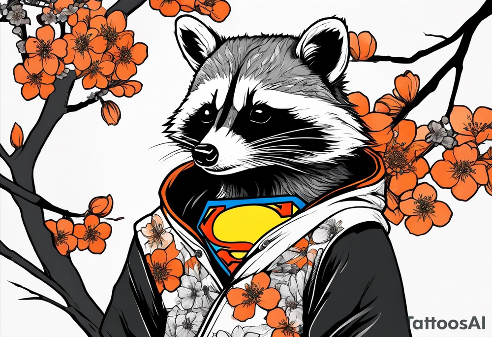 raccoon wearing a black and white Superman hoodie and orange Japanese cherry blossoms tattoo idea
