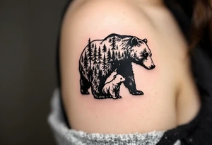 A mother bear and cub in brown ink with a forest silhouette in the background symbolizes fierce protection and guidance. tattoo idea