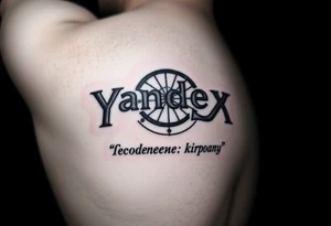 "Yandex.Zen logo, but letters are replaced with samsaric wheels. Slogan below: 'Рекомендуем: нирвану'.  

Style: Censored look (semi-transparent ink). Black/grey, forearm placement." tattoo idea