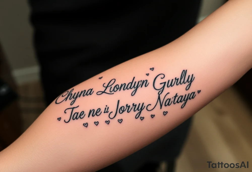 Cursive words that say, M.S.K

Chyna
Londyn
Gurly 
Tae tae 
Na’Jorya 
Na’taya, surrounded by little hearts & stars tattoo idea