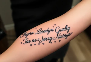 Cursive words that say, M.S.K

Chyna
Londyn
Gurly 
Tae tae 
Na’Jorya 
Na’taya, surrounded by little hearts & stars tattoo idea