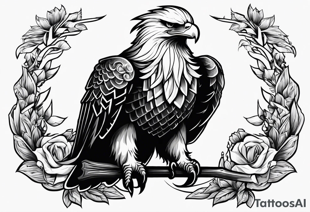 An eagle clutching a banner in its talons that states flectere si nequeo supros acheronta movebo tattoo idea