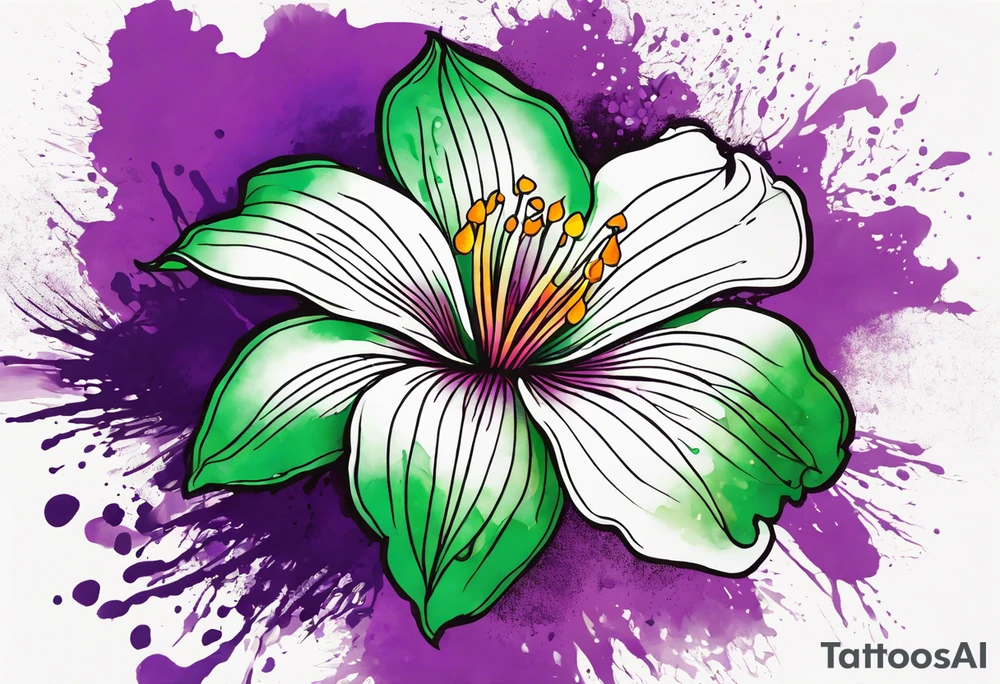 An outline of a rio dipladenia flower with a green and purple watercolor splash in the background tattoo idea